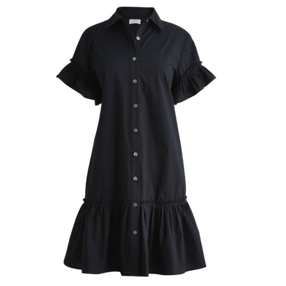 J. Crew Size 4 Black Midi Shirt Dress Ruffle Front Button Down Tiered Brand New
